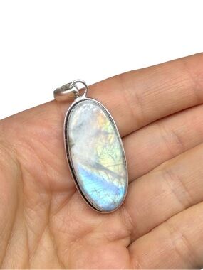 Rainbow Moonstone Necklace Pendant 925 Sterling Silver Overlay Oval Stone
